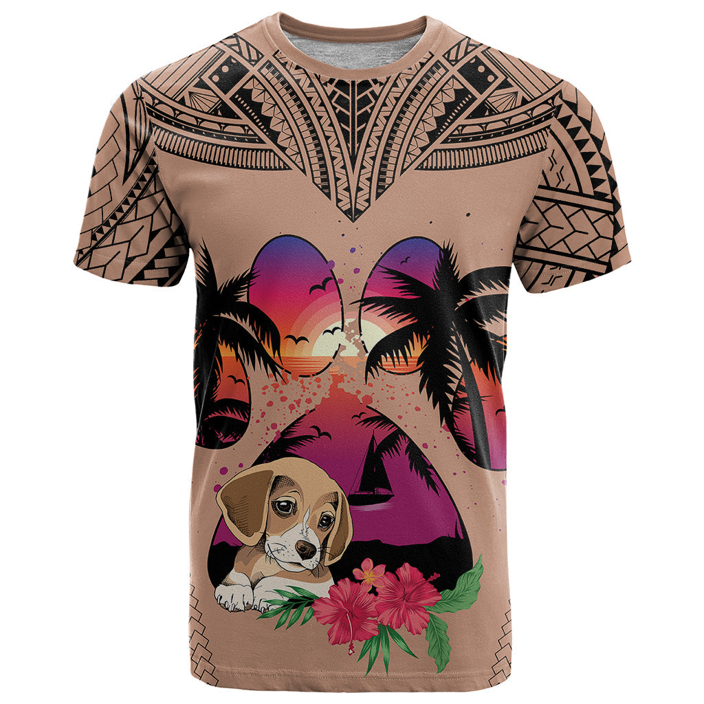 Polynesian T-Shirt Dog Lover With Beagle - Sunset At The Beach Brown Ver Graphic Tee