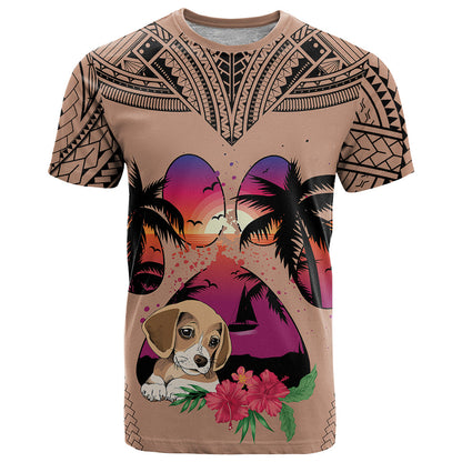 Polynesian T-Shirt Dog Lover With Beagle - Sunset At The Beach Brown Ver Graphic Tee