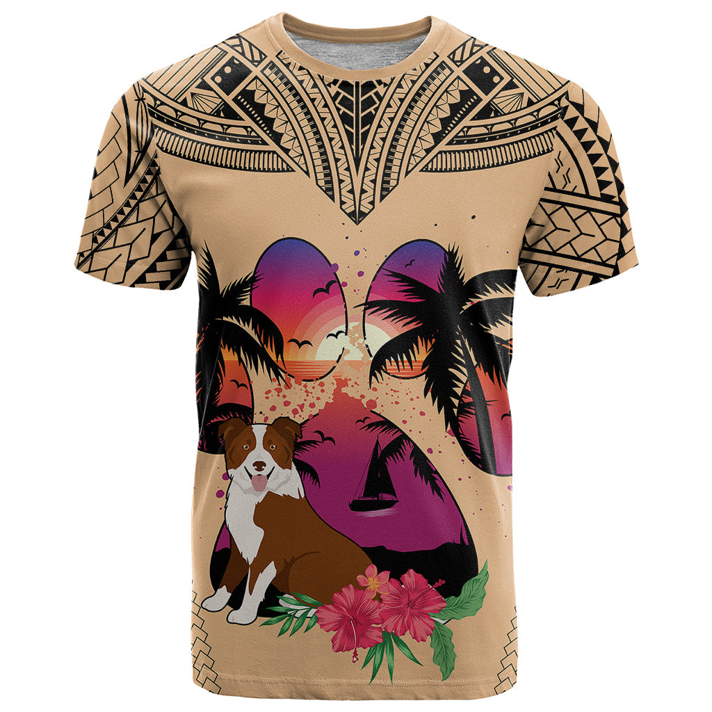 Polynesian T-Shirt Dog Lover With Border Collie - Sunset At The Beach Graphic Tee