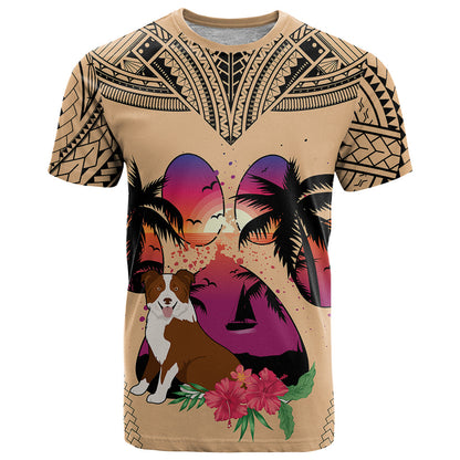 Polynesian T-Shirt Dog Lover With Border Collie - Sunset At The Beach Graphic Tee