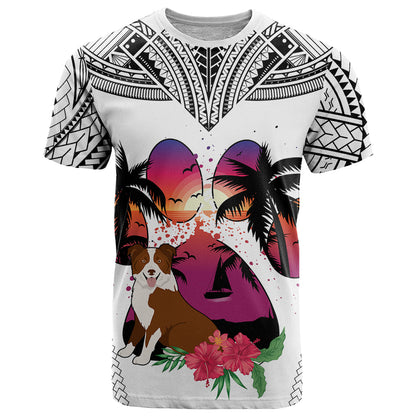 Polynesian T-Shirt Dog Lover With Border Collie - Sunset At The Beach White Ver Graphic Tee