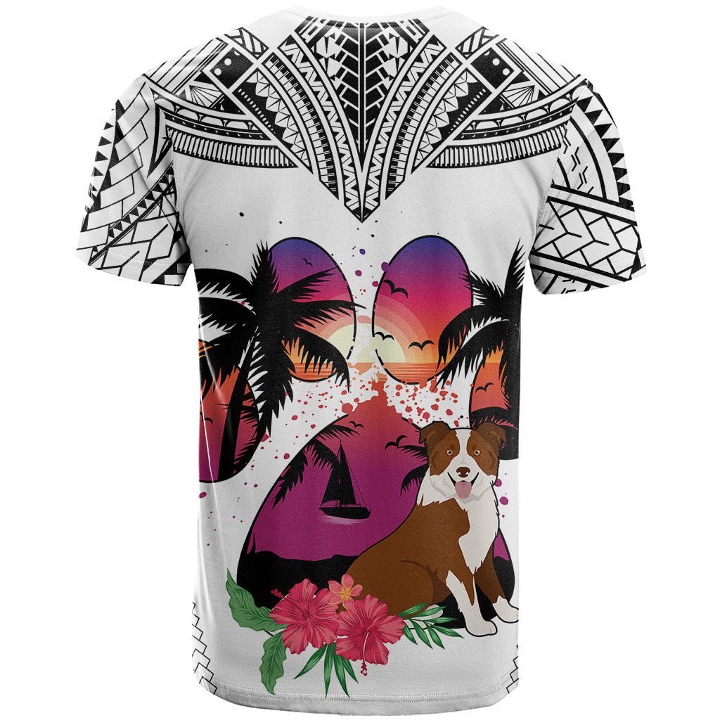 Polynesian T-Shirt Dog Lover With Border Collie - Sunset At The Beach White Ver Graphic Tee