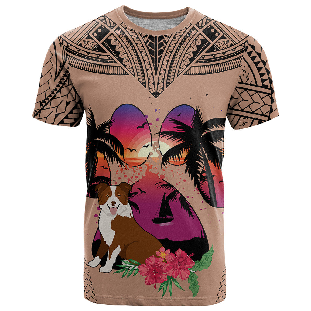 Polynesian T-Shirt Dog Lover With Border Collie - Sunset At The Beach Brown Ver Graphic Tee