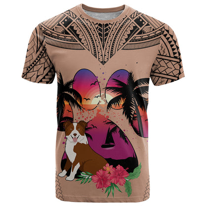 Polynesian T-Shirt Dog Lover With Border Collie - Sunset At The Beach Brown Ver Graphic Tee