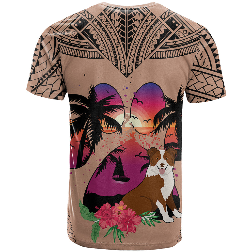 Polynesian T-Shirt Dog Lover With Border Collie - Sunset At The Beach Brown Ver Graphic Tee