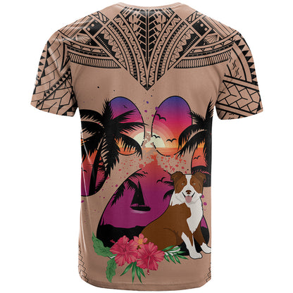 Polynesian T-Shirt Dog Lover With Border Collie - Sunset At The Beach Brown Ver Graphic Tee