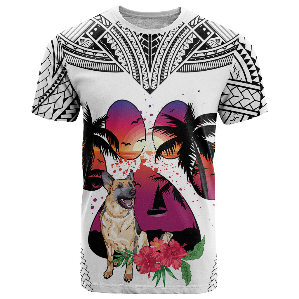 Polynesian T-Shirt Dog Lover With German Shepherd - Sunset At The Beach White Ver Graphic Tee