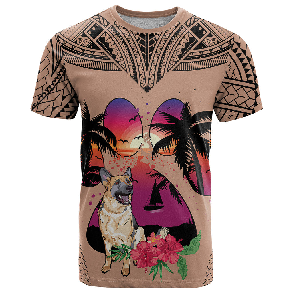 Polynesian T-Shirt Dog Lover With German Shepherd - Sunset At The Beach Brown Ver Graphic Tee