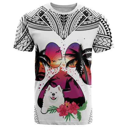 Polynesian T-Shirt Dog Lover With Samoyed - Sunset At The Beach White Ver Graphic Tee