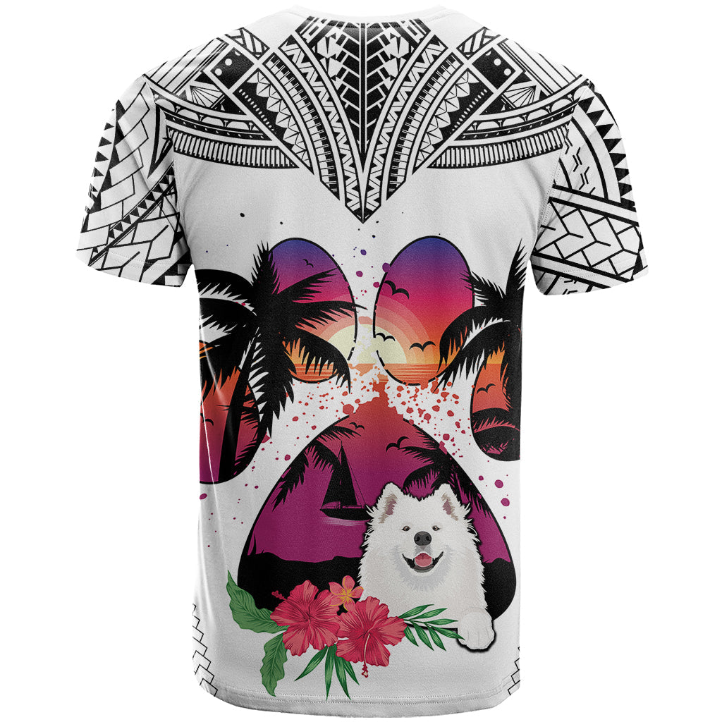 Polynesian T-Shirt Dog Lover With Samoyed - Sunset At The Beach White Ver Graphic Tee