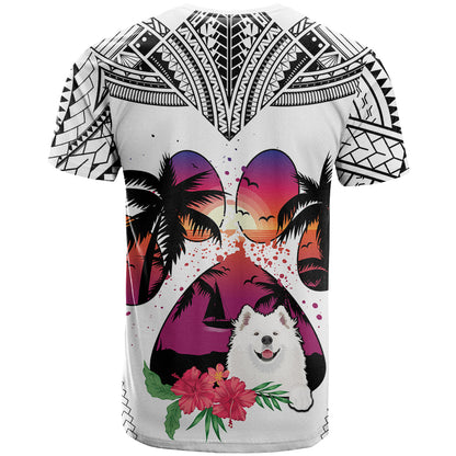 Polynesian T-Shirt Dog Lover With Samoyed - Sunset At The Beach White Ver Graphic Tee