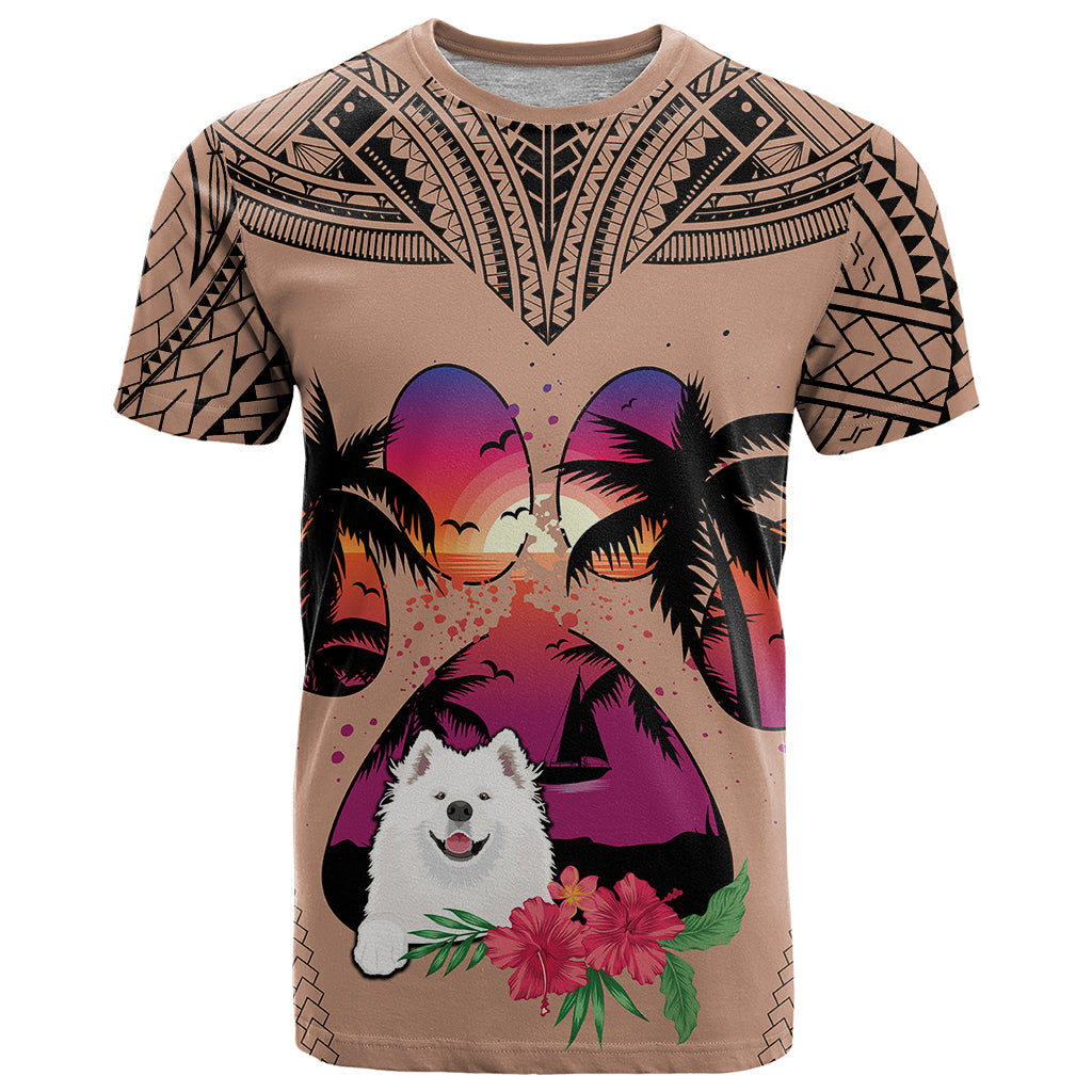 Polynesian T-Shirt Dog Lover With Samoyed - Sunset At The Beach Brown Ver Graphic Tee