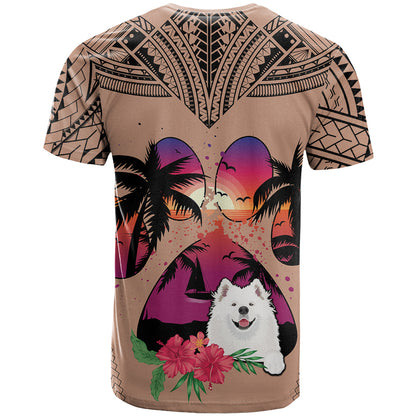 Polynesian T-Shirt Dog Lover With Samoyed - Sunset At The Beach Brown Ver Graphic Tee