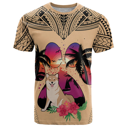 Polynesian T-Shirt Dog Lover With Shiba Inu - Sunset At The Beach Graphic Tee