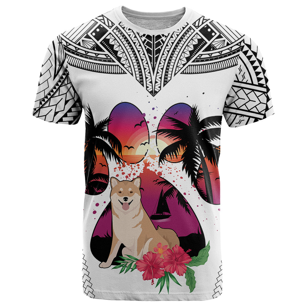 Polynesian T-Shirt Dog Lover With Shiba Inu - Sunset At The Beach White Ver Graphic Tee