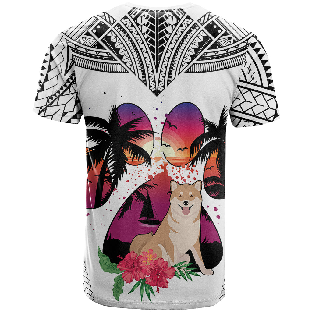 Polynesian T-Shirt Dog Lover With Shiba Inu - Sunset At The Beach White Ver Graphic Tee