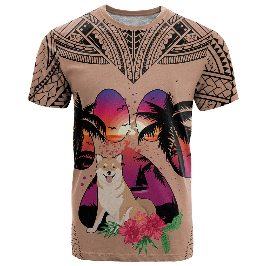 Polynesian T-Shirt Dog Lover With Shiba Inu - Sunset At The Beach Brown Ver Graphic Tee