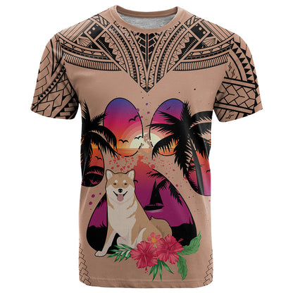 Polynesian T-Shirt Dog Lover With Shiba Inu - Sunset At The Beach Brown Ver Graphic Tee