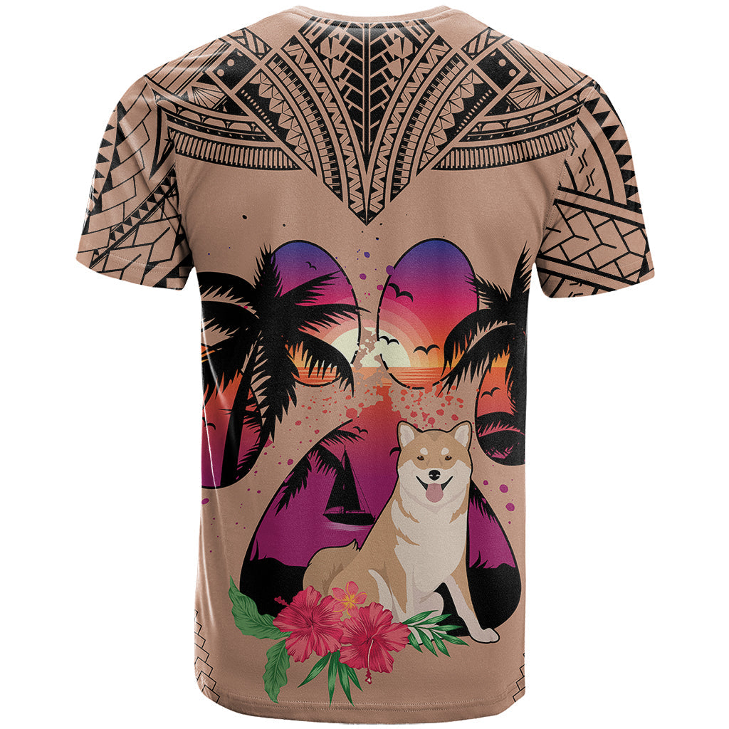 Polynesian T-Shirt Dog Lover With Shiba Inu - Sunset At The Beach Brown Ver Graphic Tee