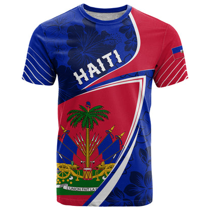 Personalised Haiti Independence Anniversary T-Shirt Mix Hibiscus - Flag Color Graphic Tee