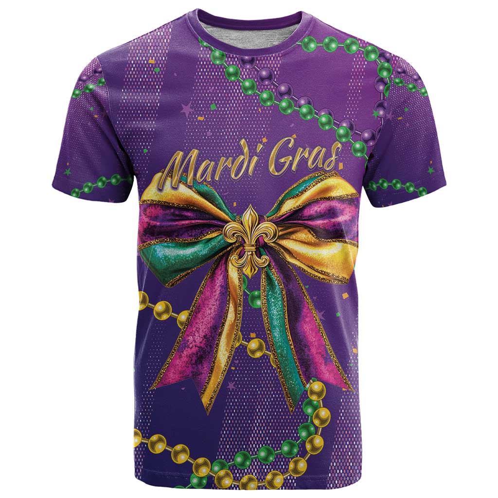 Mardi Gras T-Shirt Coquette Bow Glitter Motifs Graphic Tee