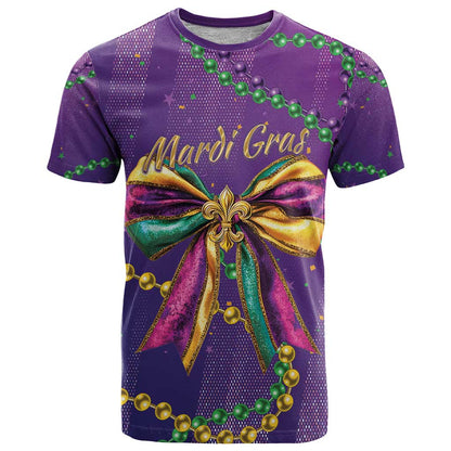 Mardi Gras T-Shirt Coquette Bow Glitter Motifs Graphic Tee