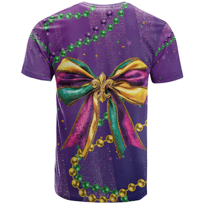 Mardi Gras T-Shirt Coquette Bow Glitter Motifs Graphic Tee