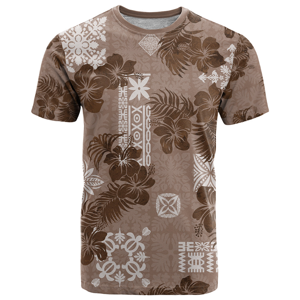 Vintage Hawaii T-Shirt Hibiscus Mix Hawaiian Quilt Patches - Brown Graphic Tee