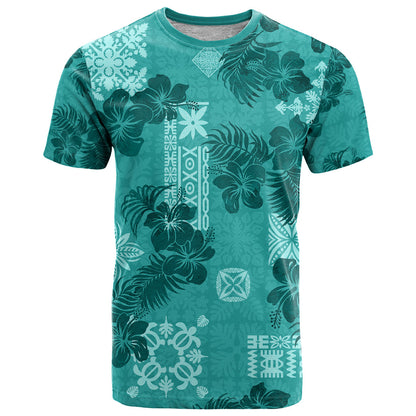 Vintage Hawaii T-Shirt Hibiscus Mix Hawaiian Quilt Patches - Teal Graphic Tee