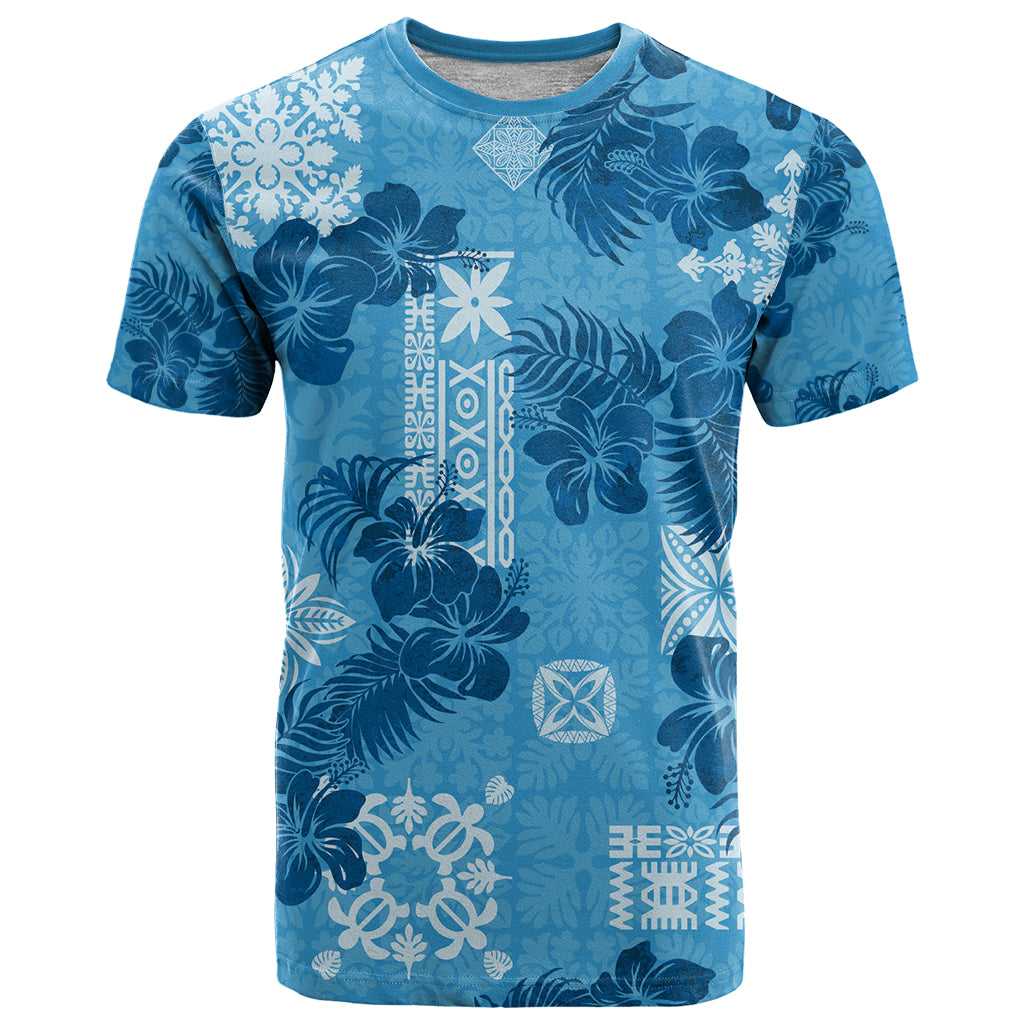 Hawaii Tapa T-Shirt Hibiscus Mix Hawaiian Quilt Patches - Blue Graphic Tee
