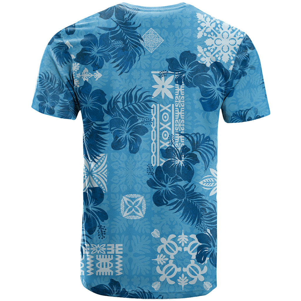 Hawaii Tapa T-Shirt Hibiscus Mix Hawaiian Quilt Patches - Blue Graphic Tee
