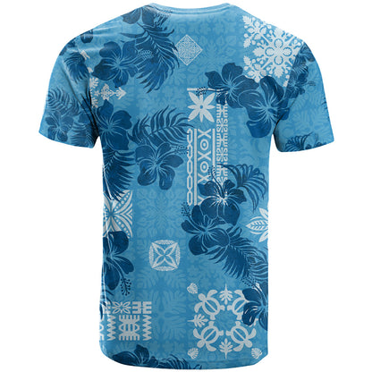 Hawaii Tapa T-Shirt Hibiscus Mix Hawaiian Quilt Patches - Blue Graphic Tee