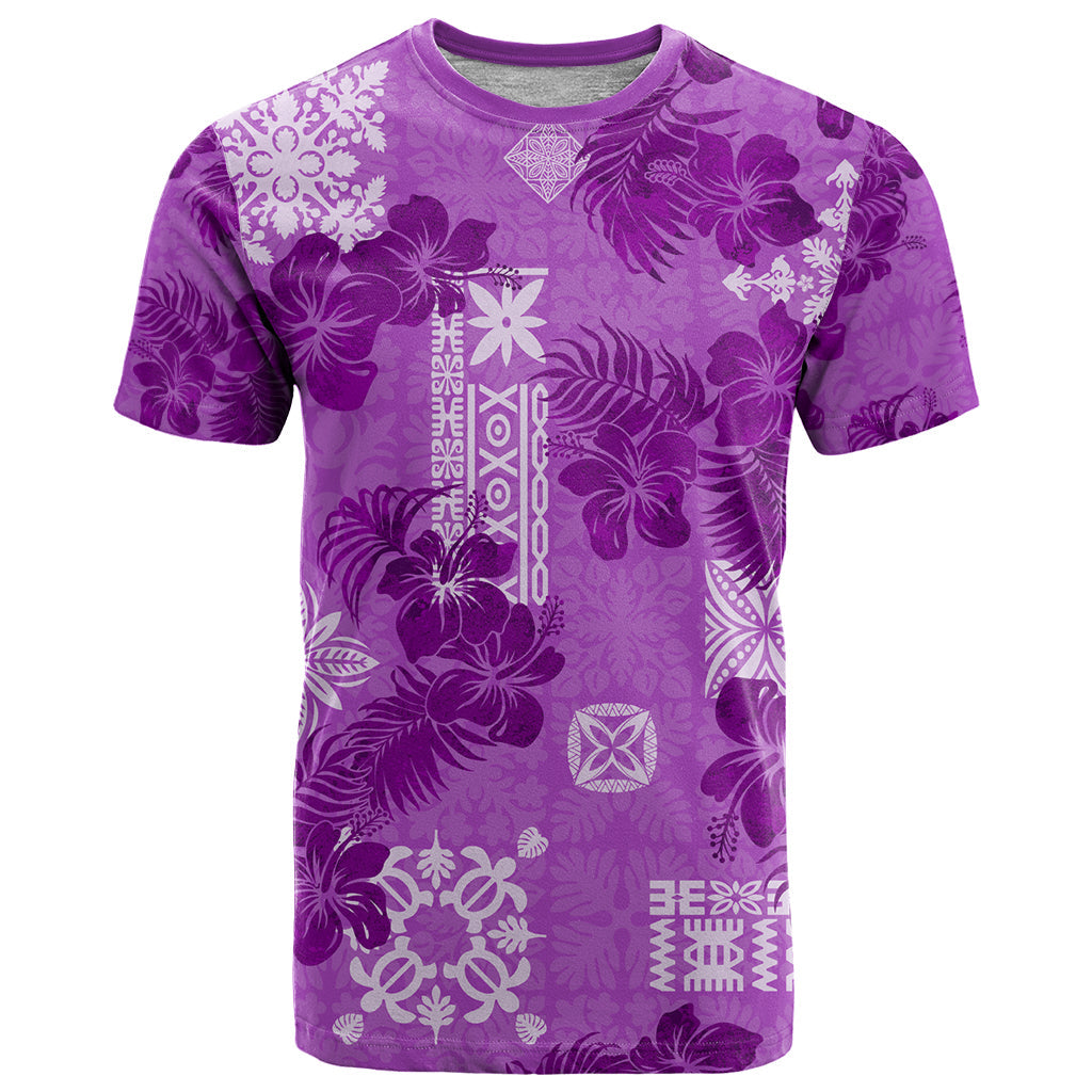 Hawaii Tapa T-Shirt Hibiscus Mix Hawaiian Quilt Patches - Violet Graphic Tee