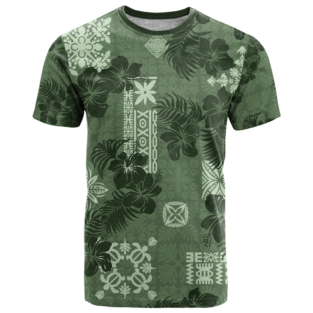 Hawaii Tapa T-Shirt Hibiscus Mix Hawaiian Quilt Patches - Sage Green Graphic Tee