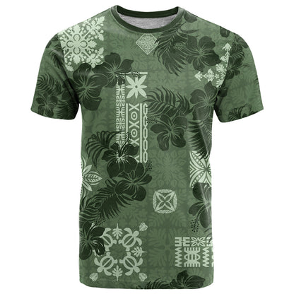 Hawaii Tapa T-Shirt Hibiscus Mix Hawaiian Quilt Patches - Sage Green Graphic Tee
