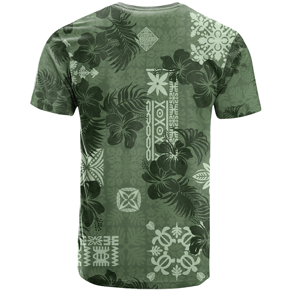 Hawaii Tapa T-Shirt Hibiscus Mix Hawaiian Quilt Patches - Sage Green Graphic Tee