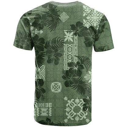 Hawaii Tapa T-Shirt Hibiscus Mix Hawaiian Quilt Patches - Sage Green Graphic Tee