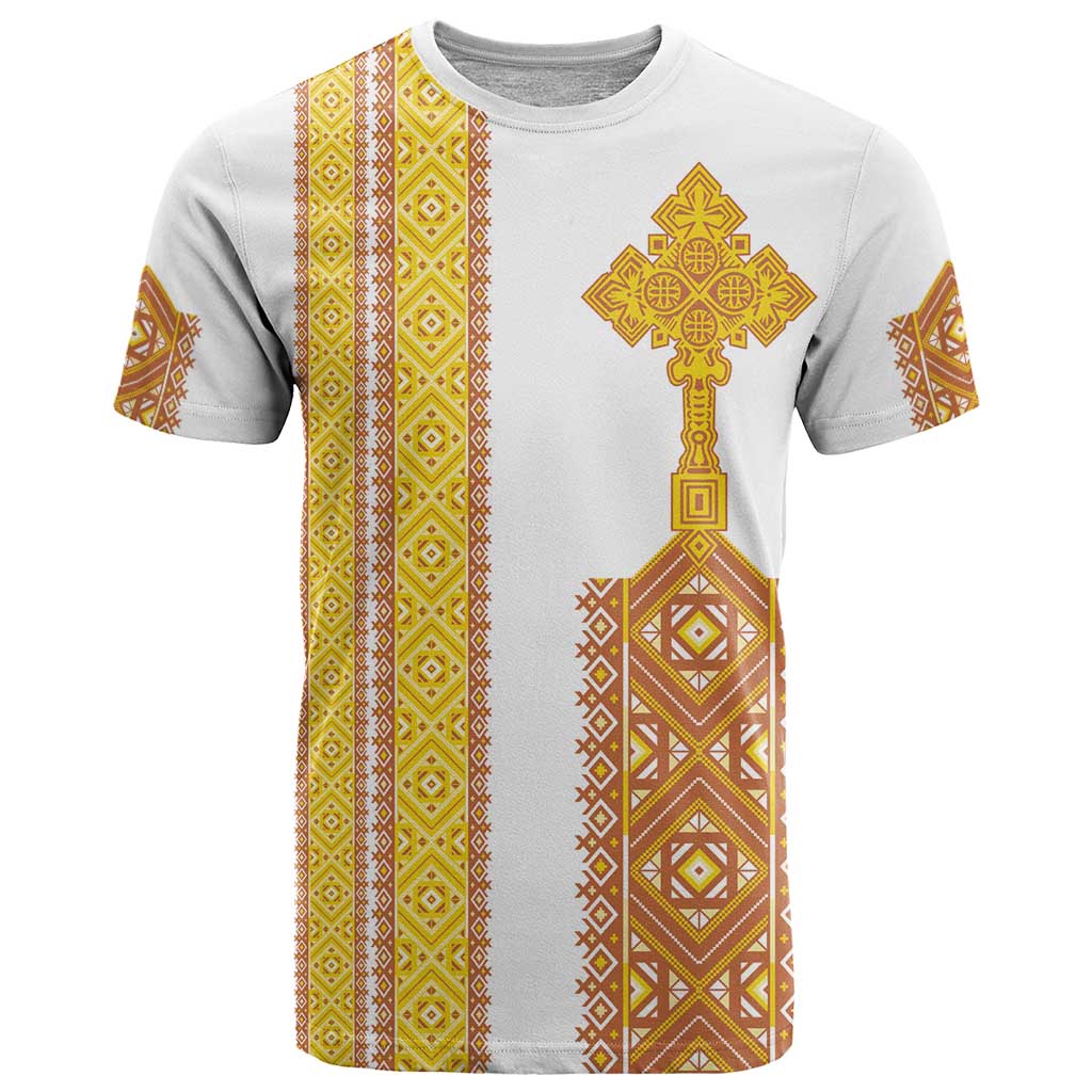 Habesha Motifs Ethiopia T-Shirt Tilet White Gold Graphic Tee
