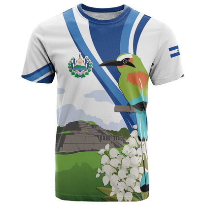 El Salvador Tazumal T-Shirt Flor de Izote with Torogoz Bird Graphic Tee