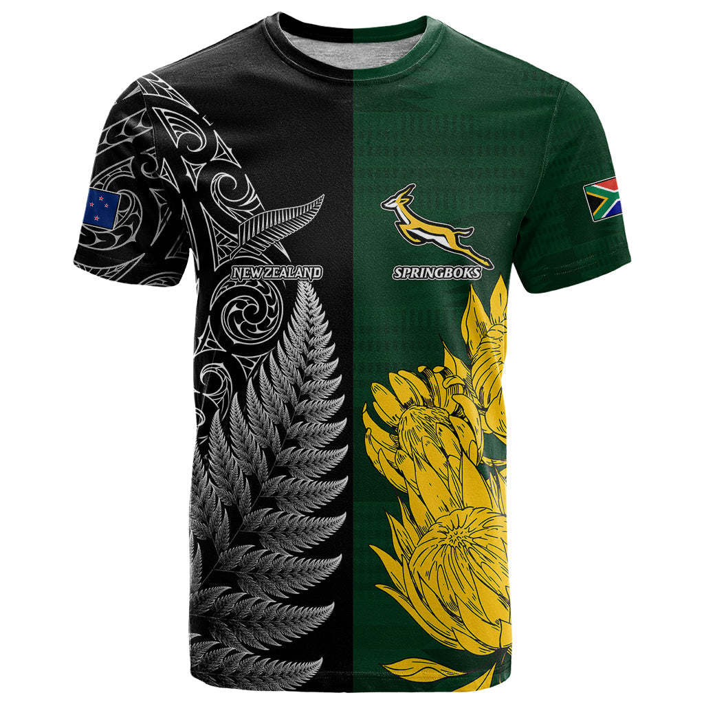 Personalised New Zealand Mix South Africa Rugby T-Shirt Protea Vs. Silver Ferns Graphic Tee
