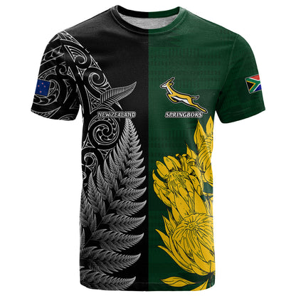 Personalised New Zealand Mix South Africa Rugby T-Shirt Protea Vs. Silver Ferns Graphic Tee