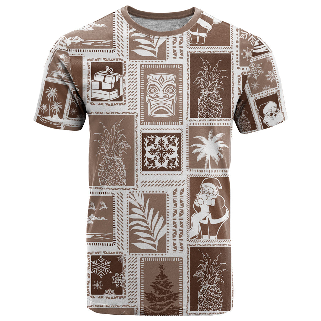 Hawaii Christmas Retro Patchwork T-Shirt Brown Graphic Tee