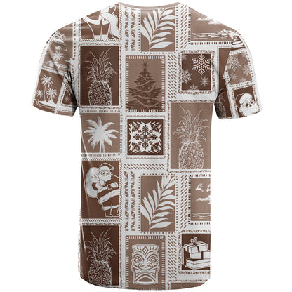 Hawaii Christmas Retro Patchwork T-Shirt Brown Graphic Tee