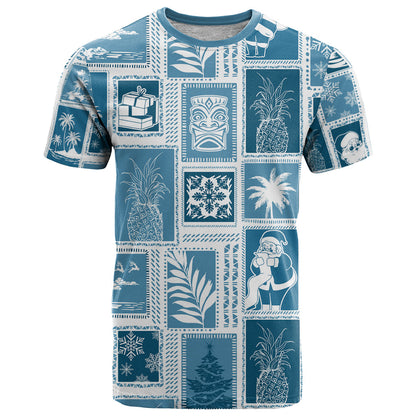 Hawaii Christmas Retro Patchwork T-Shirt Aquamarine Graphic Tee