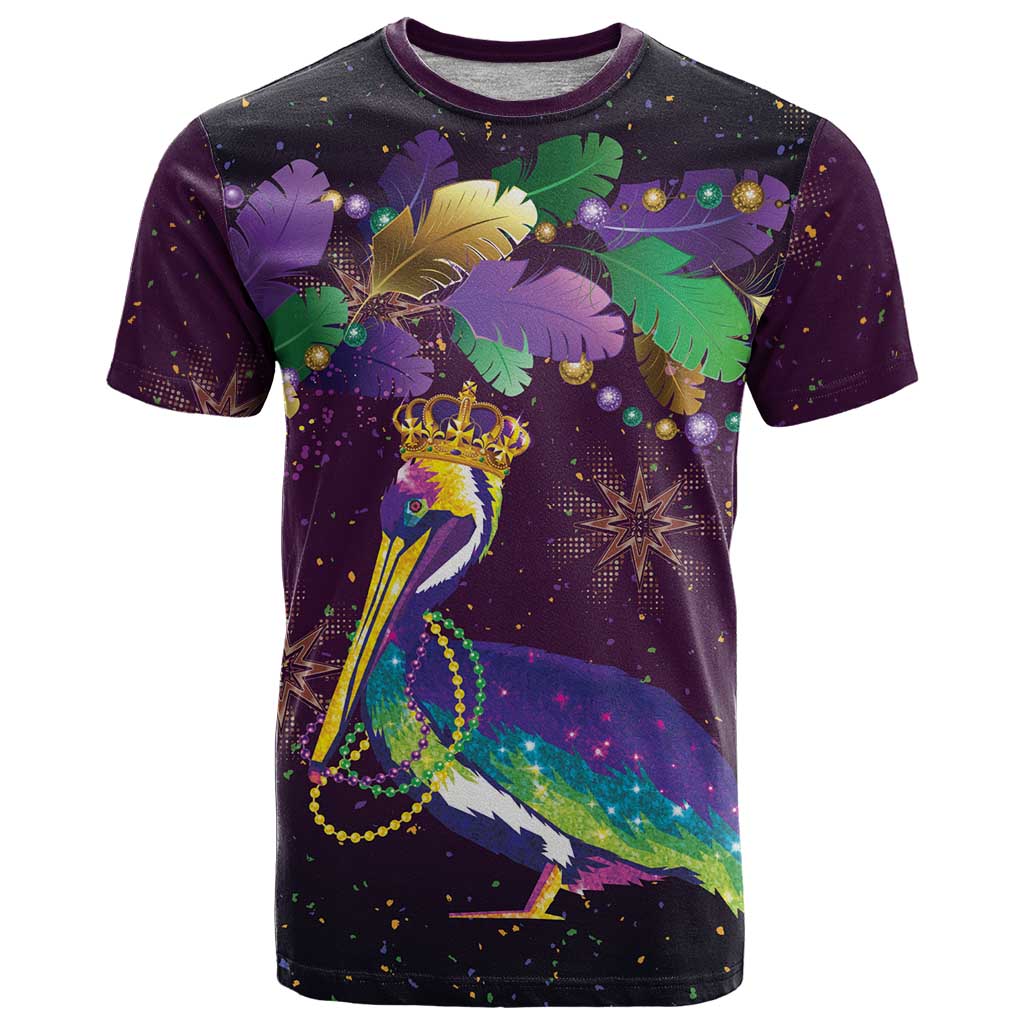 Faux Glitter Funny Mardi Gras Pelican T-Shirt Party Vibes Graphic Tee