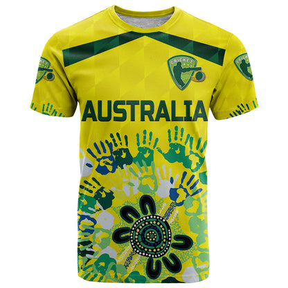 Custom Australia Cricket T-Shirt Aboriginal Style Unique Yellow Graphic Tee