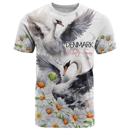 Denmark Mute Swan T-Shirt With Chamomile Daisy Flowers Graphic Tee