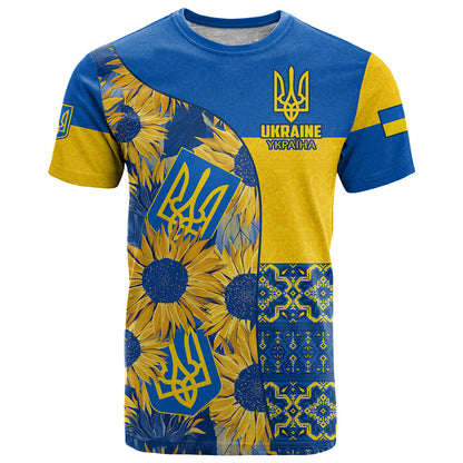 Ukraine T-Shirt Ukrainian Coat of Arms and Folk Sunflower Graphic Tee