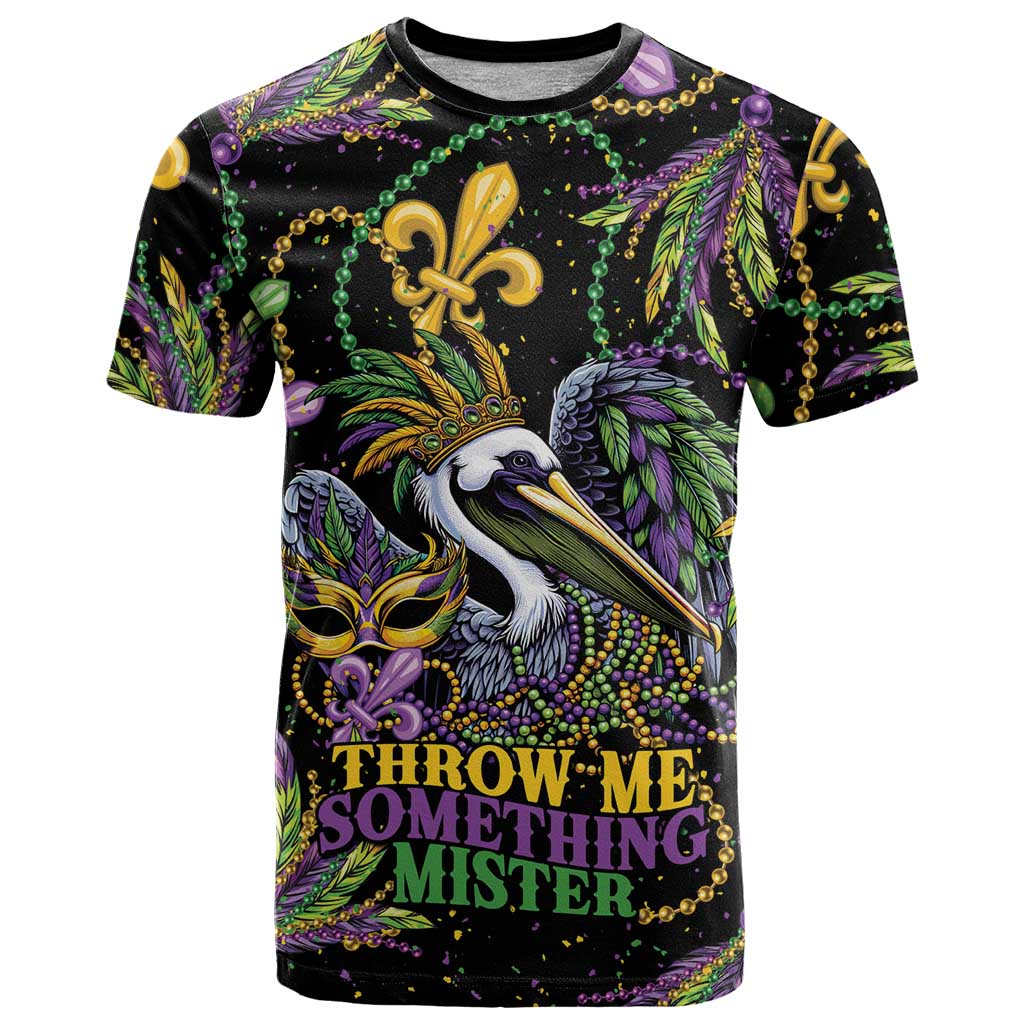 Mardi Gras Pelican T-Shirt Throw me Something Mister! Graphic Tee