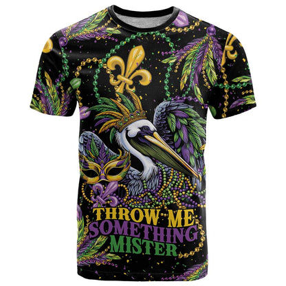 Mardi Gras Pelican T-Shirt Throw me Something Mister! Graphic Tee